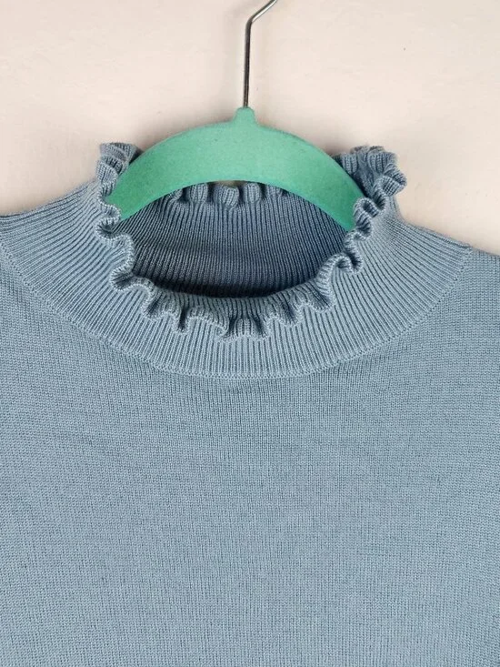 Rebecca Taylor 100% Merino Wool Ruffle Trim Mockneck Sweater Blue sz S *read* - Picture 5 of 11